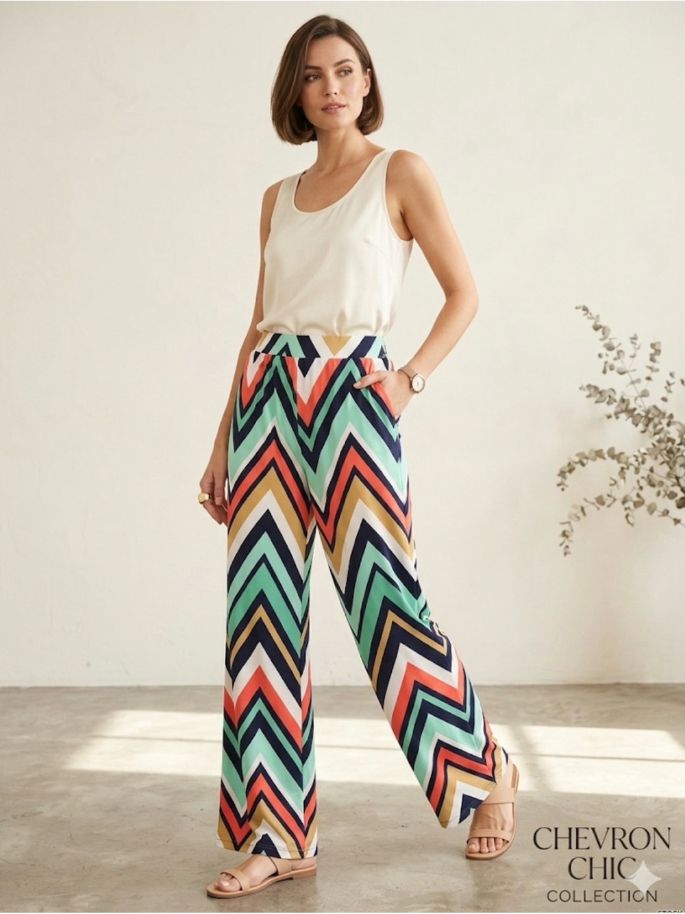 Chevron-Print Wide Leg Pants in Aqua & Multi